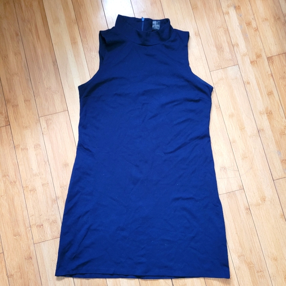 Aqua Navy Blue Mock Neck Sleeveless Midi Dress